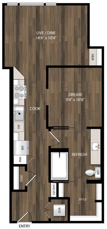 Floor plan for 1 bed, 1 bath, 660 sqft